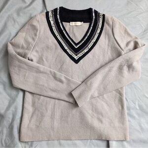 Tory Burch Beige and Black V-Neck Sweater Size XL